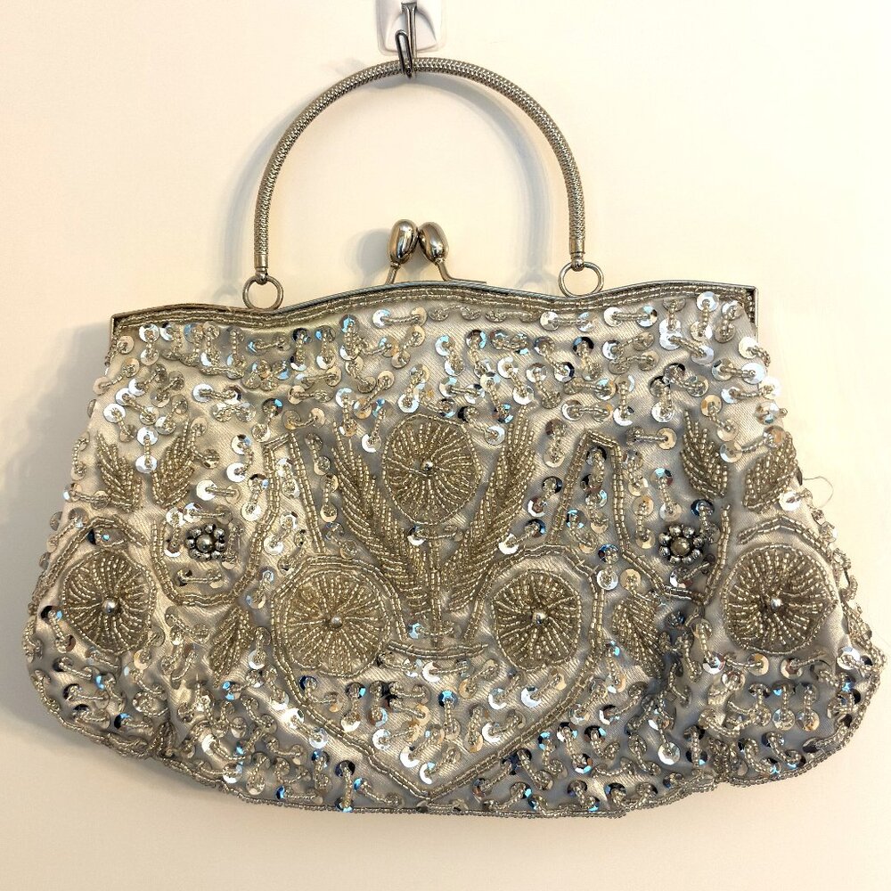 Noble Beaded Sequin Flower Satin Handbag/ Clutch/ Formal/ Evening Bag 8"H x 7"W